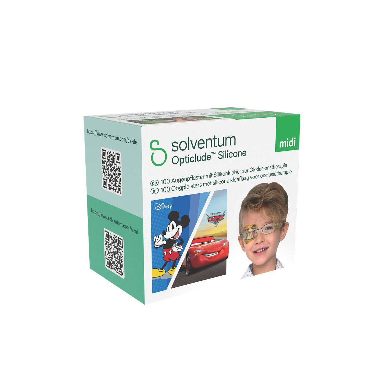 Solventum™ Opticlude™ Silicone Eye Patches with Silicone Adhesive for Occlusion Therapy, 2738 DB 100, Midi, 5,3 cm x 7 cm, 100/CAR - Front, Left, In Packaging (1L1)