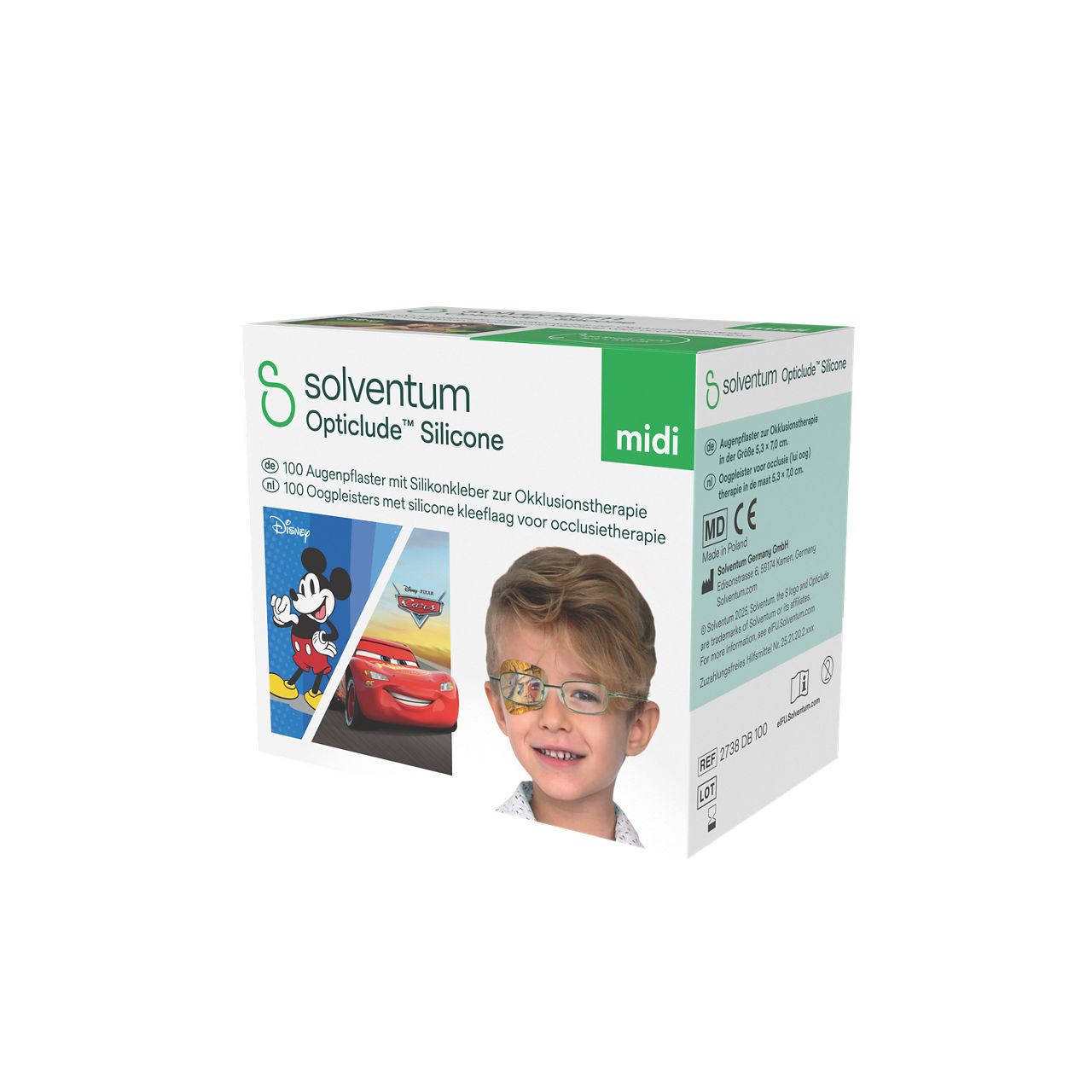 Solventum™ Opticlude™ Silicone Eye Patches with Silicone Adhesive for Occlusion Therapy, 2738 DB 100, Midi, 5,3 cm x 7 cm, 100/CAR - Front, Right, In Packaging (1R1)