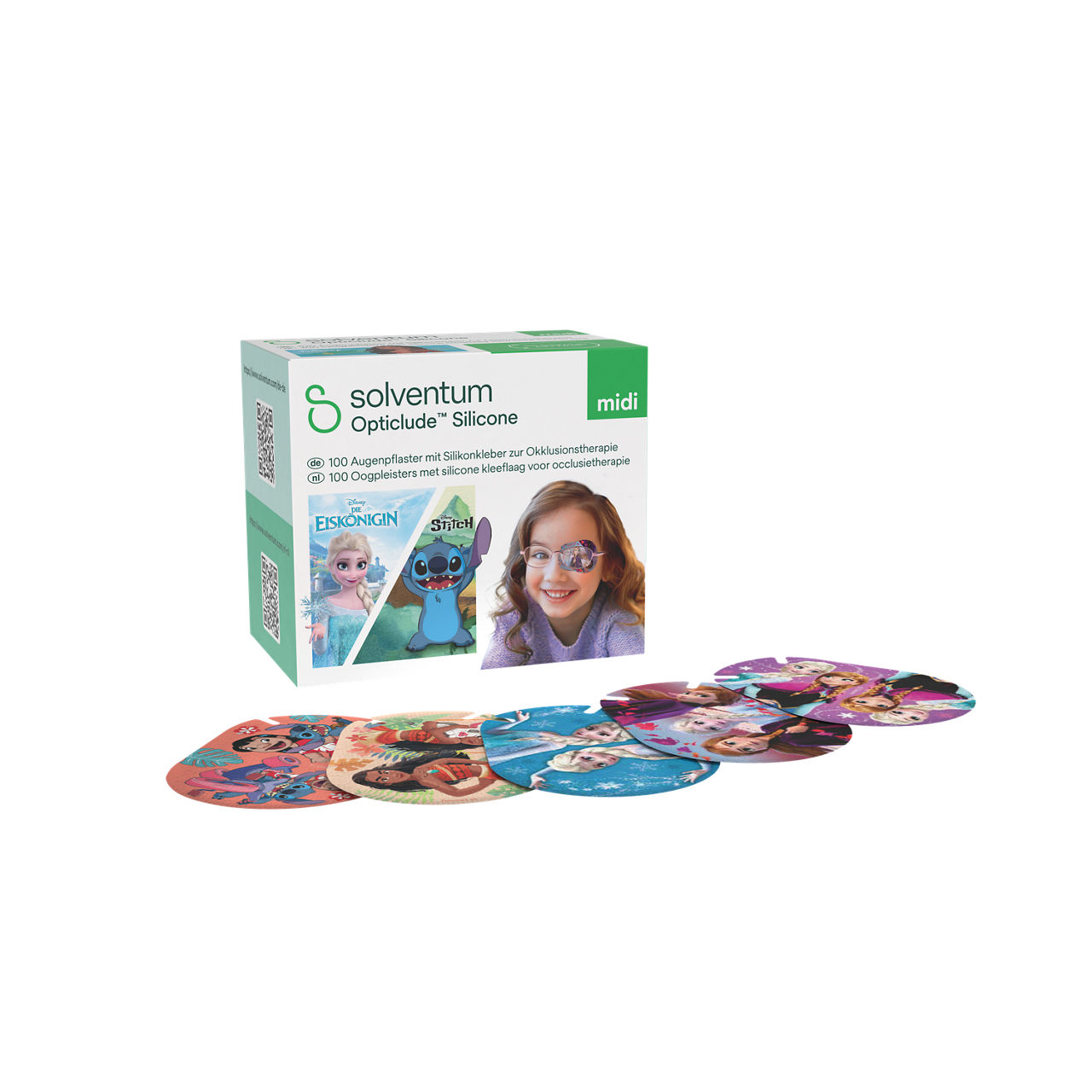 Solventum™ Opticlude™ Silicone Eye Patches with Silicone Adhesive for Occlusion Therapy, 2738 DG 100, Midi, 5,3 cm x 7 cm, 100/CAR - Front, Left, In and Out of Packaging (1L10)