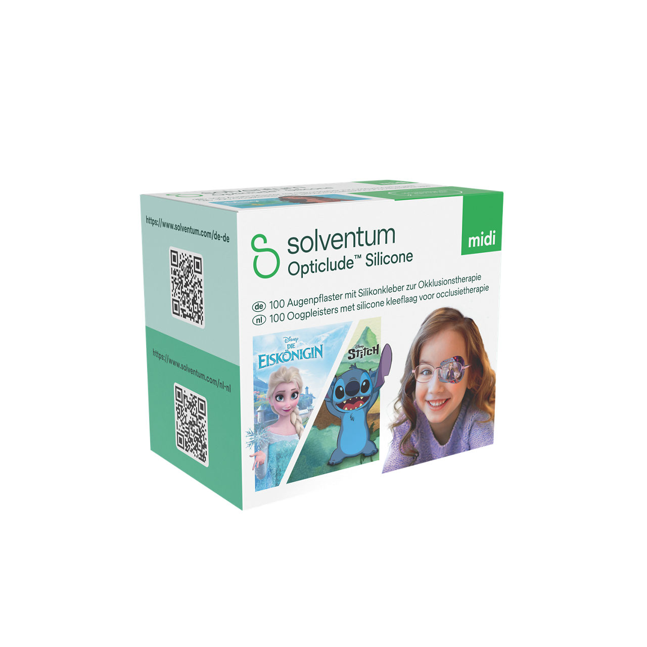 Solventum™ Opticlude™ Silicone Eye Patches with Silicone Adhesive for Occlusion Therapy, 2738 DG 100, Midi, 5,3 cm x 7 cm, 100/CAR - Front, Left, In Packaging (1L1)