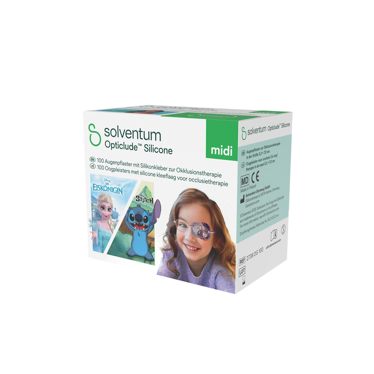 Solventum™ Opticlude™ Silicone Eye Patches with Silicone Adhesive for Occlusion Therapy, 2738 DG 100, Midi, 5,3 cm x 7 cm, 100/CAR - Front, Right, In Packaging (1R1)