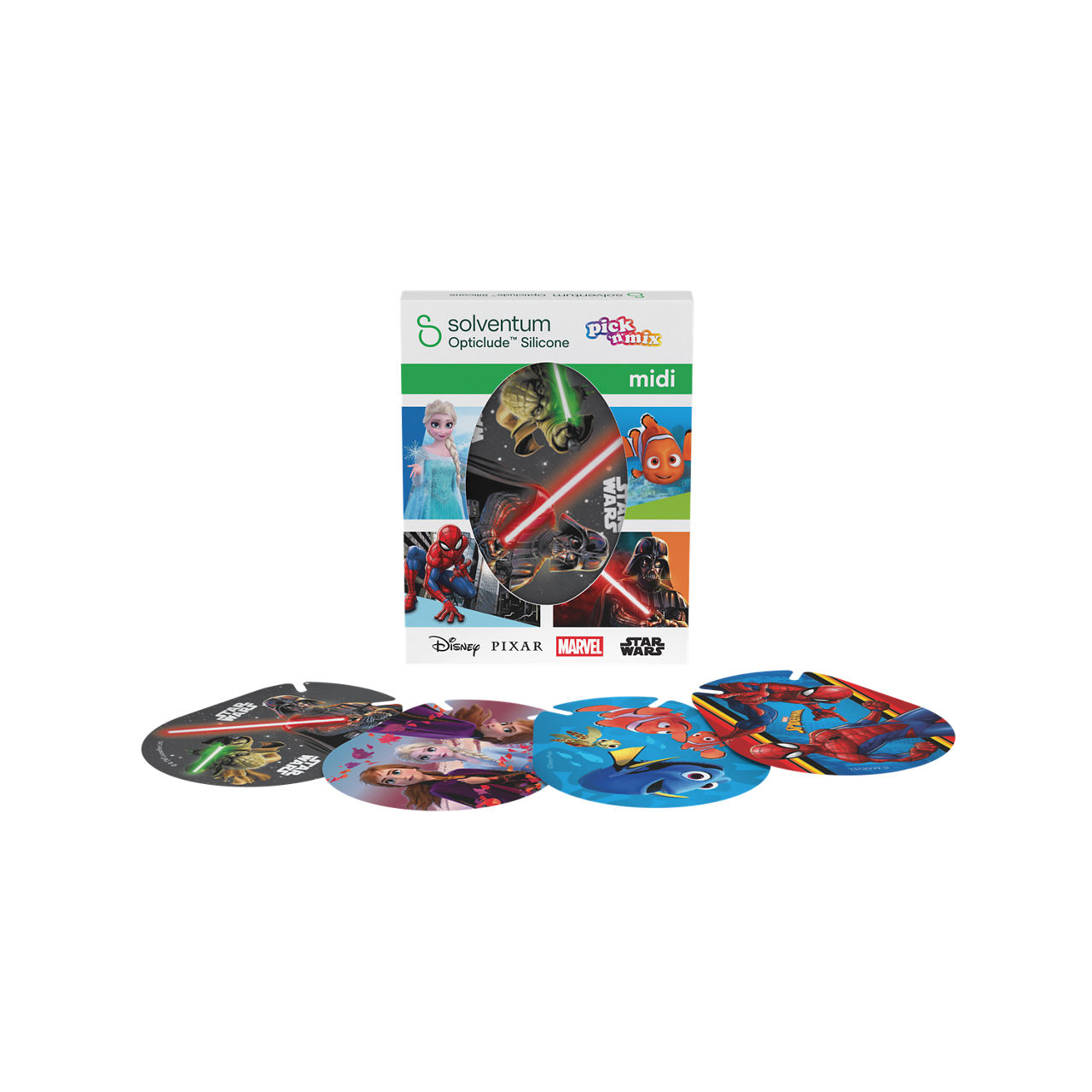 Solventum™ Opticlude™ Silicone Pick'n'Mix Eye Patches for Occlusion Therapy, 2738 MP 10, Midi, 5,3 cm x 7 cm, 10/CAR - Front, Center, In and Out of Packaging (1C10)