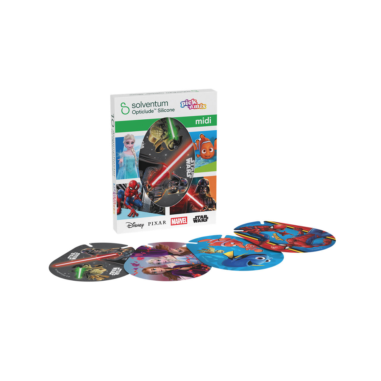 Solventum™ Opticlude™ Silicone Pick'n'Mix Eye Patches for Occlusion Therapy, 2738 MP 10, Midi, 5,3 cm x 7 cm, 10/CAR - Front, Left, In and Out of Packaging (1L10)