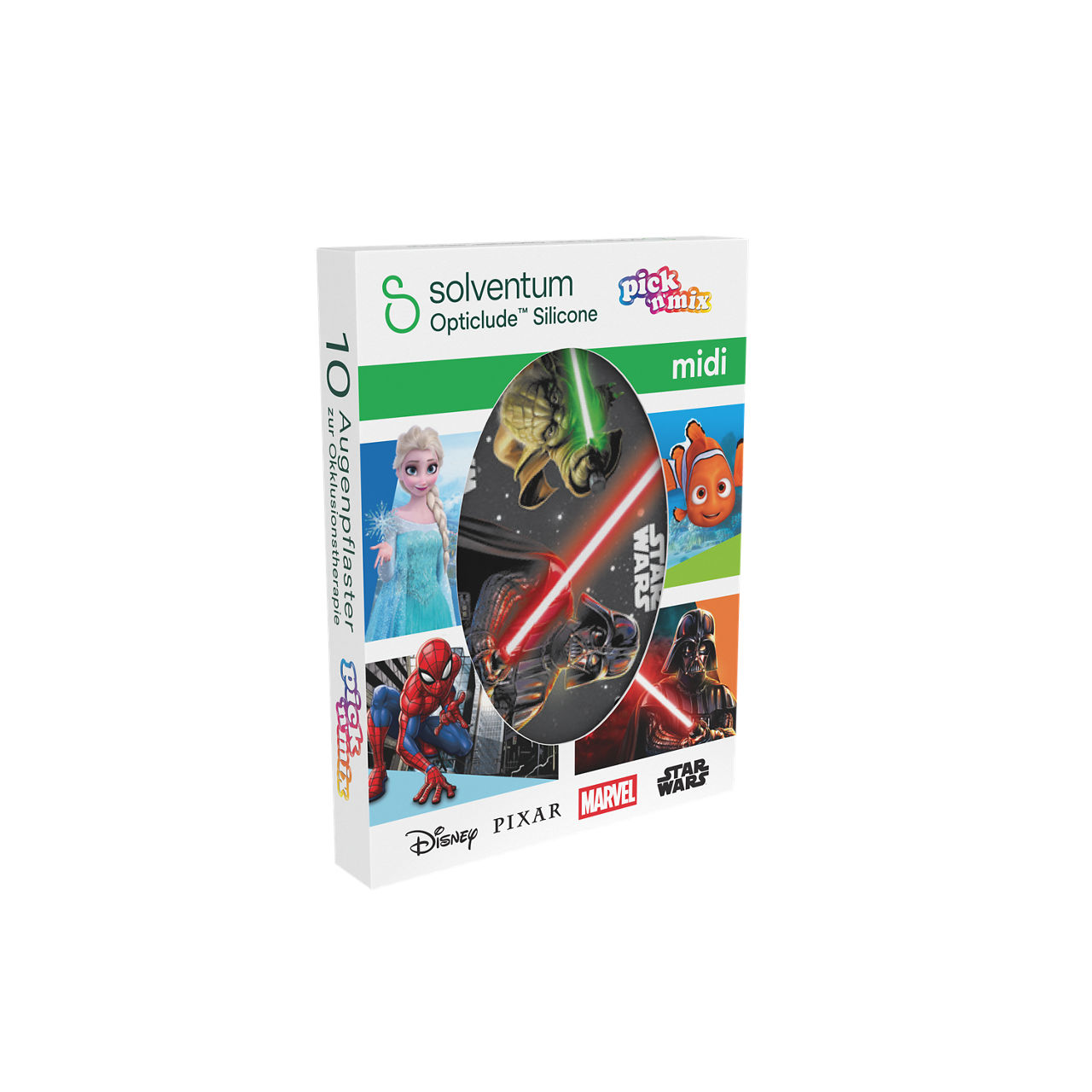 Solventum™ Opticlude™ Silicone Pick'n'Mix Eye Patches for Occlusion Therapy, 2738 MP 10, Midi, 5,3 cm x 7 cm, 10/CAR - Front, Left, In Packaging (1L1)