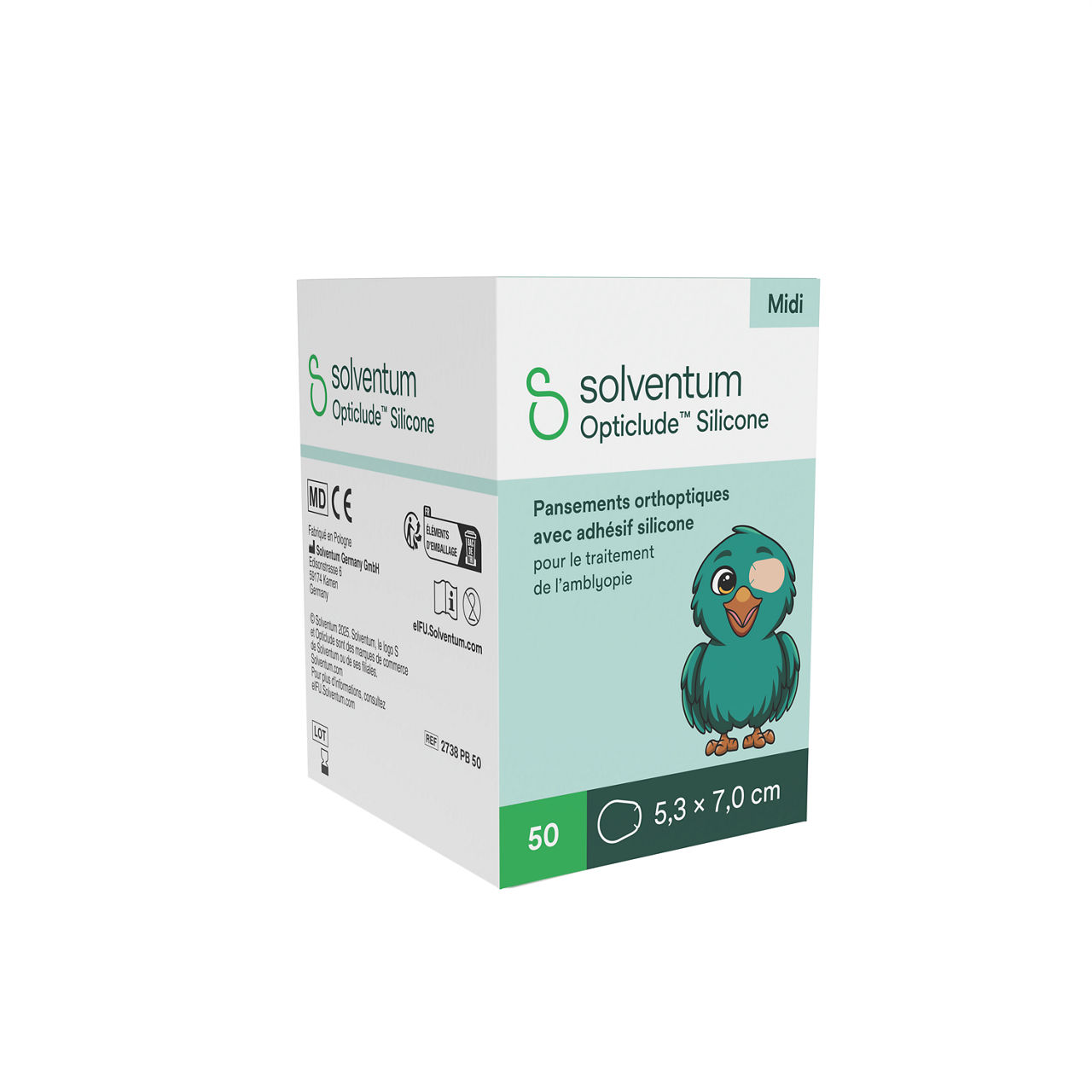 Solventum™ Opticlude™ Orthoptic Eye Patches, 2738 PB 50, Midi, Silicone, 50/PAC, 12 PAC/CS, 600/CS - Front, Left, In Packaging (1L1)