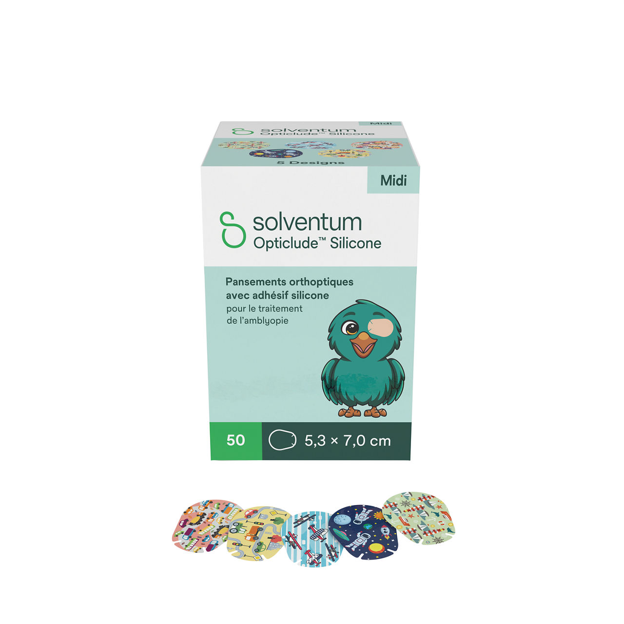 Solventum™ Opticlude™ Orthoptic Eye Patches, 2738 PB 50, Midi, Silicone, 50/PAC, 12 PAC/CS, 600/CS - Front, Left, In and Out of Packaging (1C10)