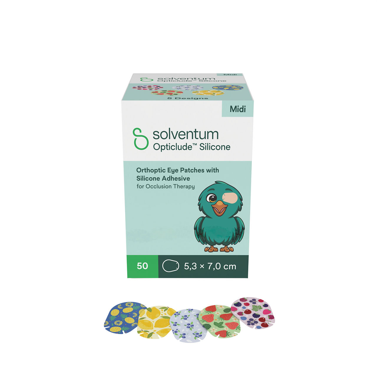 Solventum™ Opticlude™ Orthoptic Eye Patches, 2738 PG 50, Midi, Silicone, 50/PAC, 12 PAC/CS, 600/CS - Front, Left, In and Out of Packaging (1C10)