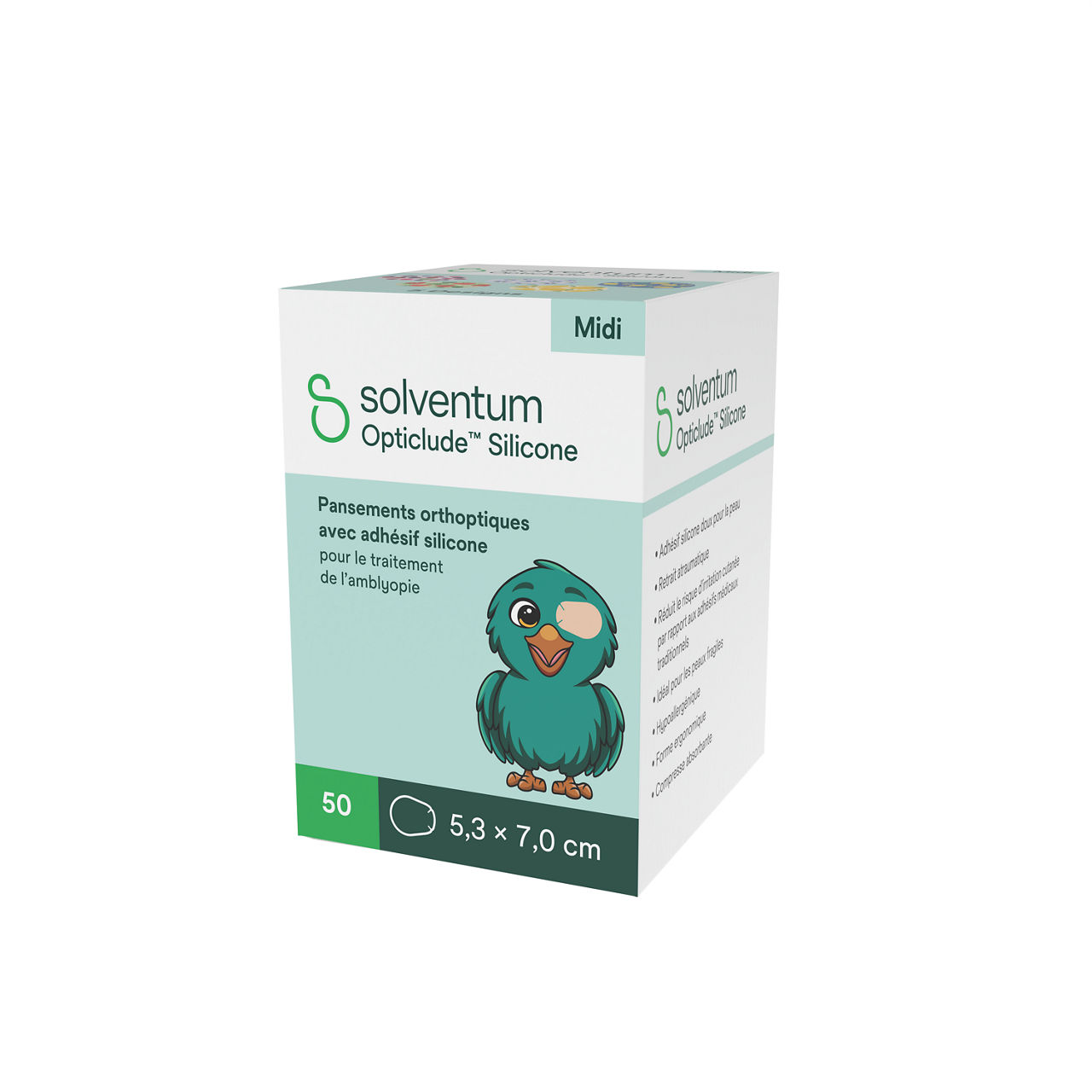 Solventum™ Opticlude™ Orthoptic Eye Patches, 2738 PG 50, Midi, Silicone, 50/PAC, 12 PAC/CS, 600/CS - Front, Right, In Packaging (1R1)