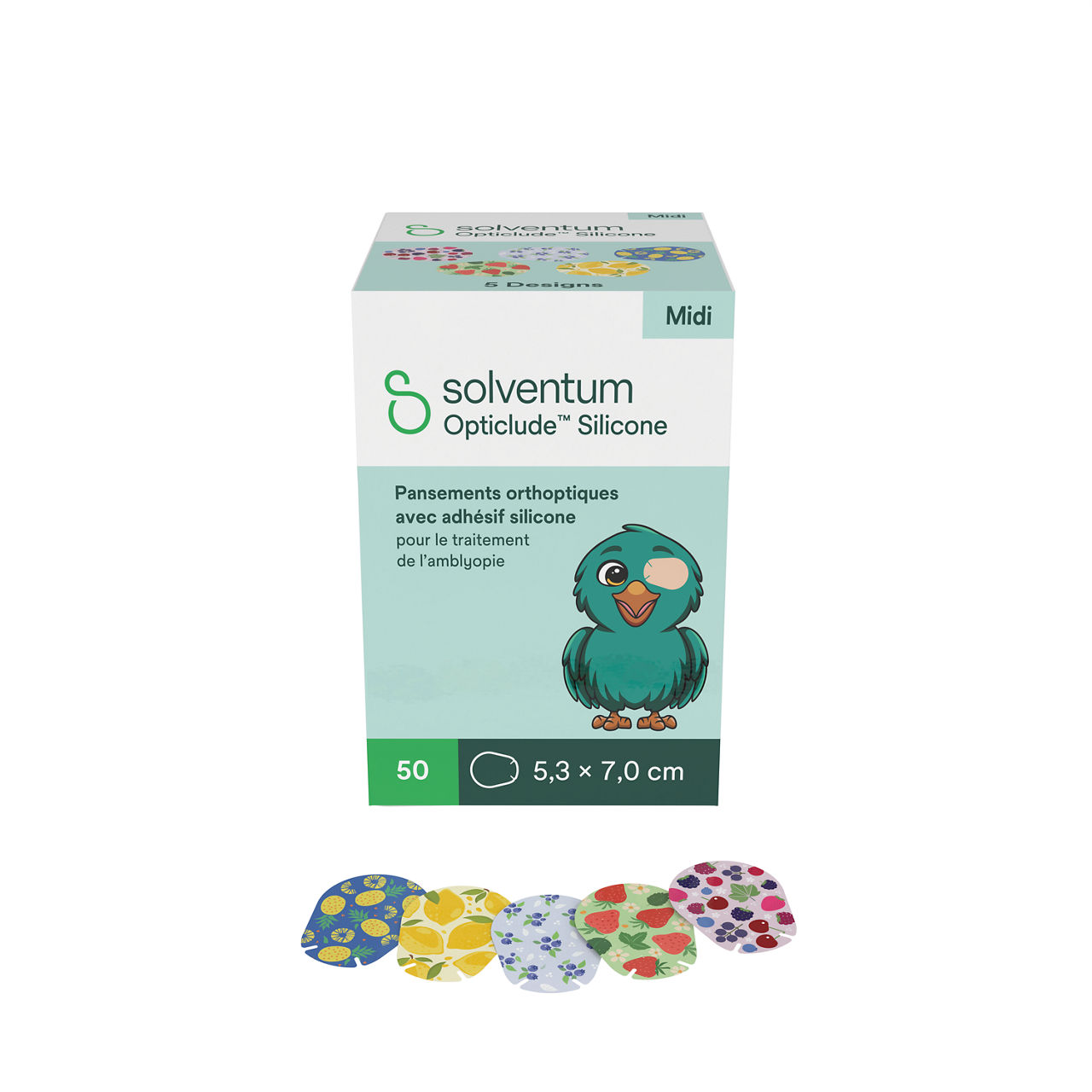 Solventum™ Opticlude™ Orthoptic Eye Patches, 2738 PG 50, Midi, Silicone, 50/PAC, 12 PAC/CS, 600/CS - Front, Left, In and Out of Packaging (1C10)