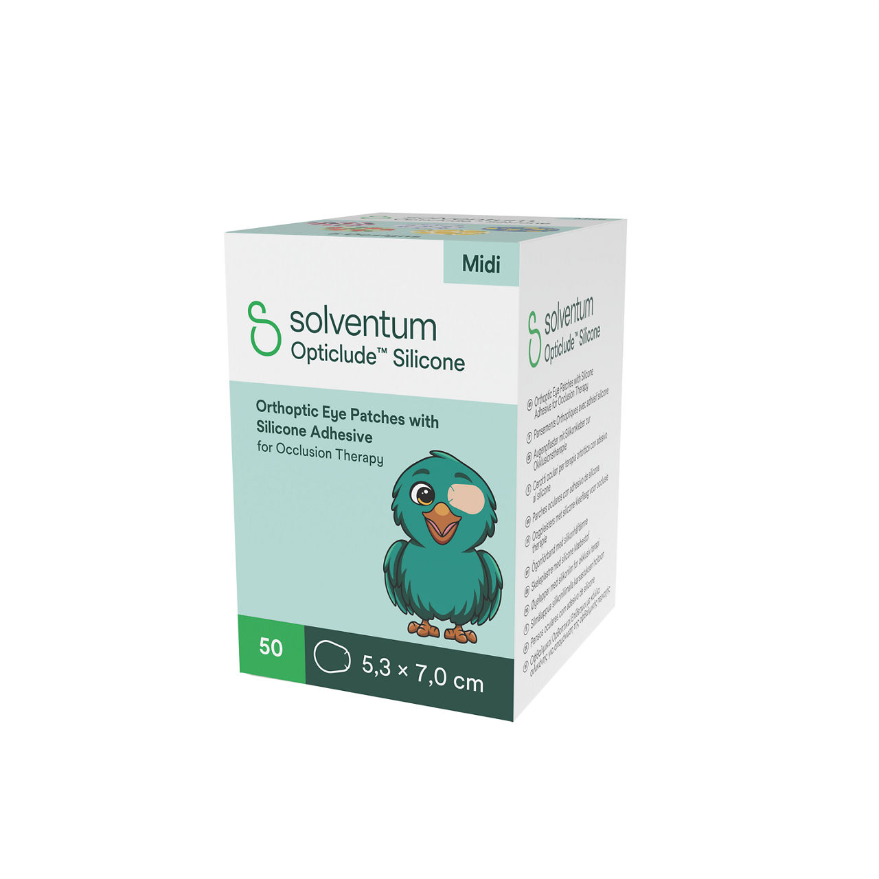 Solventum™ Opticlude™ Orthoptic Eye Patches, 2738 PG 50, Midi, Silicone, 50/PAC, 12 PAC/CS, 600/CS - Front, Right, In Packaging (1R1)