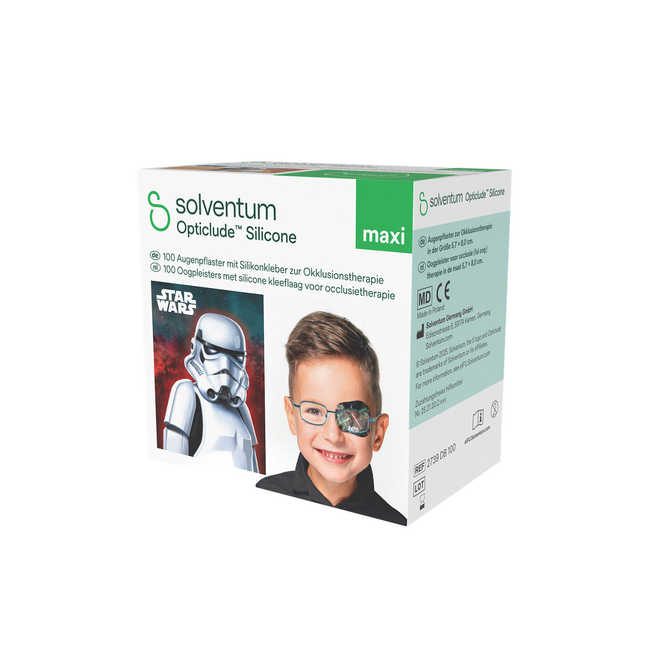 Solventum™ Opticlude™ Silicone Eye Patches with Silicone Adhesive for Occlusion Therapy, 2739 DB 100, Maxi, 5,7 cm x 8 cm, 100/CAR - Front, Right, In Packaging (1R1)