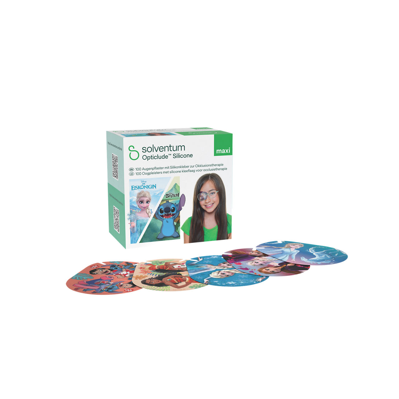 Solventum™ Opticlude™ Silicone Eye Patches with Silicone Adhesive for Occlusion Therapy, 2739 DG 100, Maxi, 5,7 cm x 8 cm, 100/CAR - Front, Left, In and Out of Packaging (1L10)