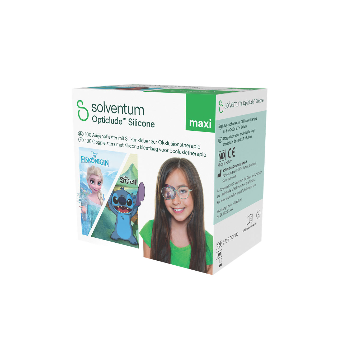 Solventum™ Opticlude™ Silicone Eye Patches with Silicone Adhesive for Occlusion Therapy, 2739 DG 100, Maxi, 5,7 cm x 8 cm, 100/CAR - Front, Right, In Packaging (1R1)
