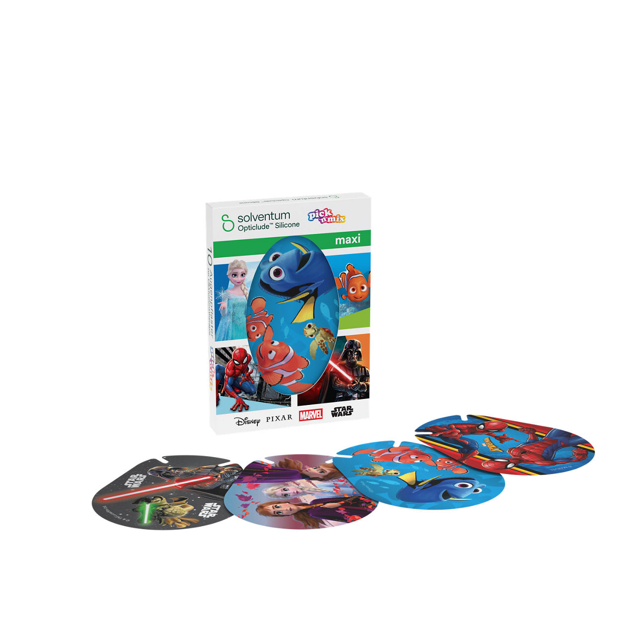 Solventum™ Opticlude™ Silicone Pick'n'Mix Eye Patches for Occlusion Therapy, 2739 MP 10, Maxi, 5,7 cm x 8 cm, 10/CAR - Front, Left, In and Out of Packaging (1L10)