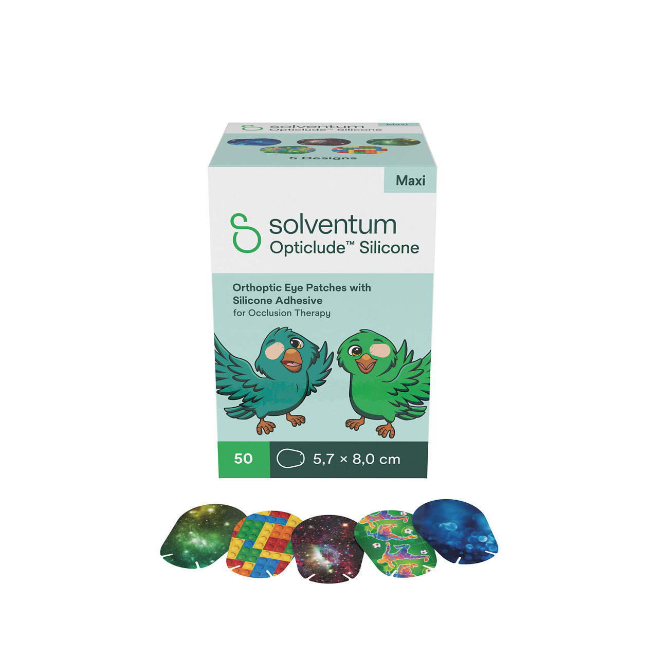 Solventum™ Opticlude™ Orthoptic Eye Patches, 2739 PB 50, Maxi,Silicone,50/PAC, 12 PAC/CS, 600/CS - Front, Left, In and Out of Packaging (1C10)