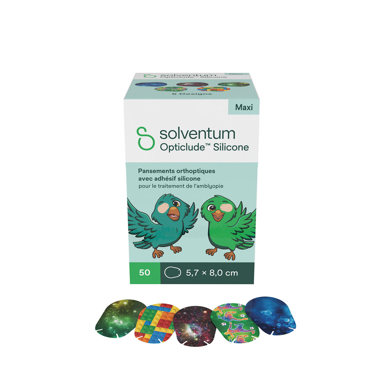 Solventum™ Opticlude™ Orthoptic Eye Patches, 2739 PB 50, Maxi, Silicone, 50/PAC, 12 PAC/CS, 600/CS - Front, Left, In and Out of Packaging (1C10)