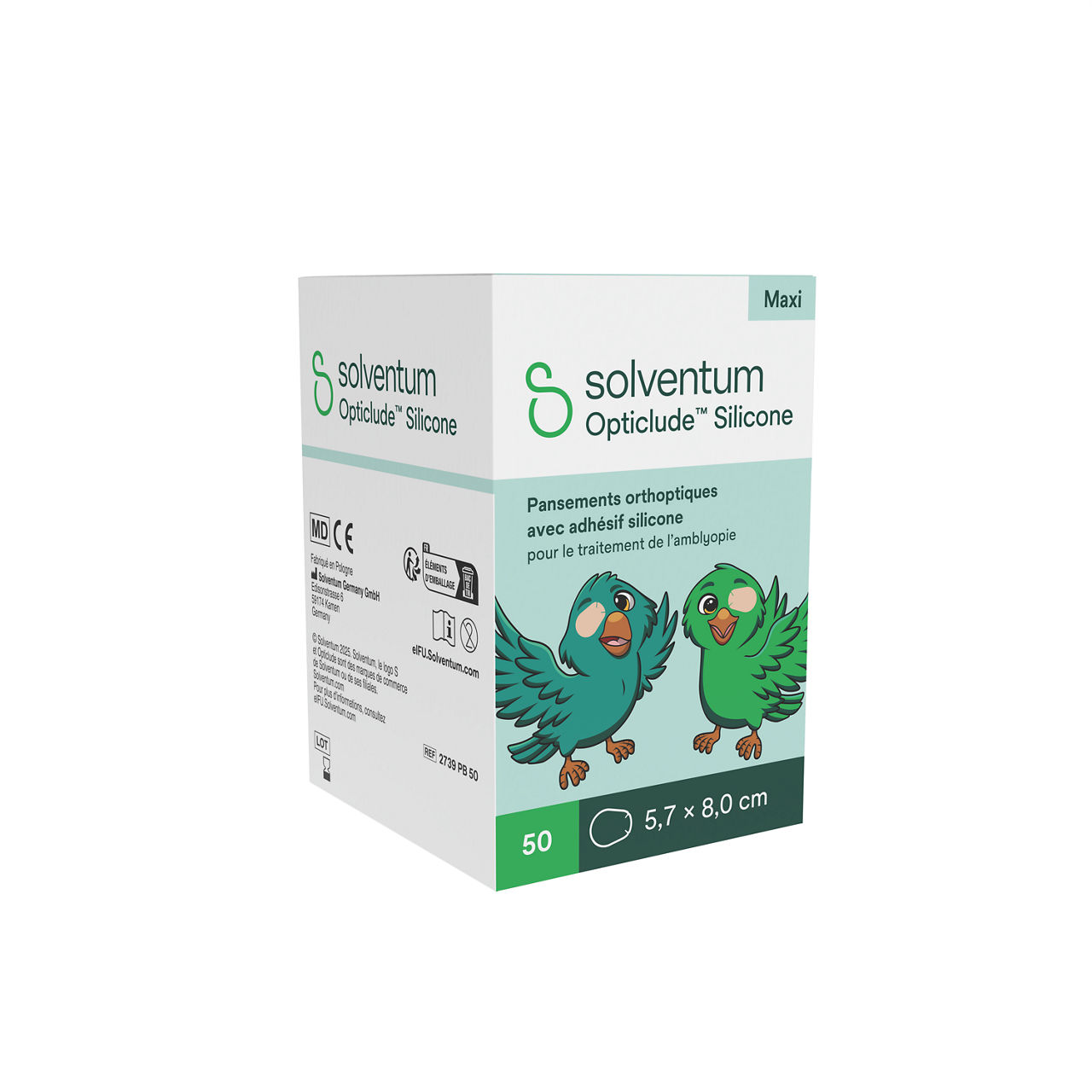 Solventum™ Opticlude™ Orthoptic Eye Patches, 2739 PB 50, Maxi, Silicone, 50/PAC, 12 PAC/CS, 600/CS - Front, Left, In Packaging (1L1)