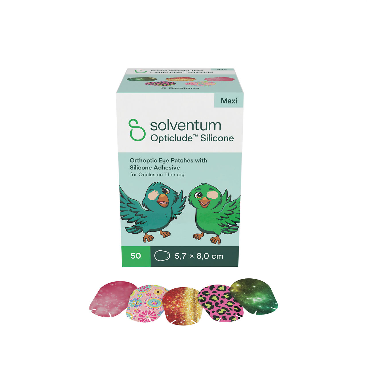 Solventum™ Opticlude™ Orthoptic Eye Patches, 2739 PG 50, Silicone, Maxi, 50/PAC, 12 PAC/CS, 600/CS - Front, Left, In and Out of Packaging (1C10)