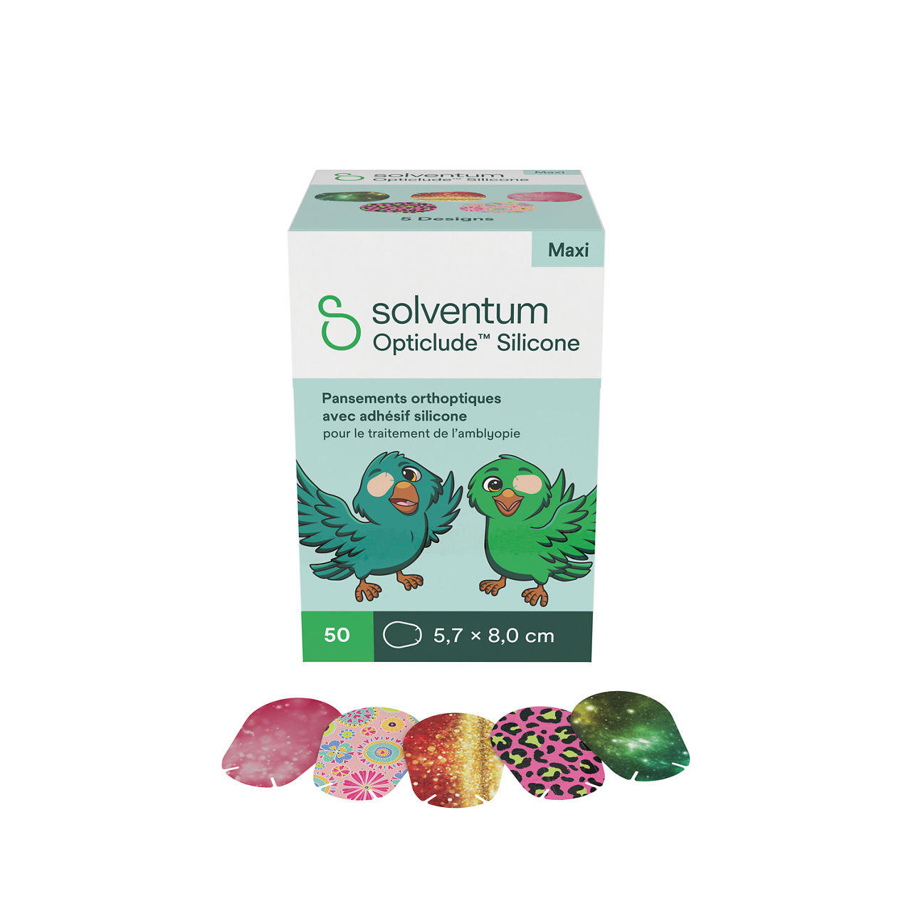 Solventum™ Opticlude™ Orthoptic Eye Patches, 2739 PG 50, Maxi, Silicone, 50/PAC, 12 PAC/CS, 600/CS - Front, Left, In and Out of Packaging (1C10)