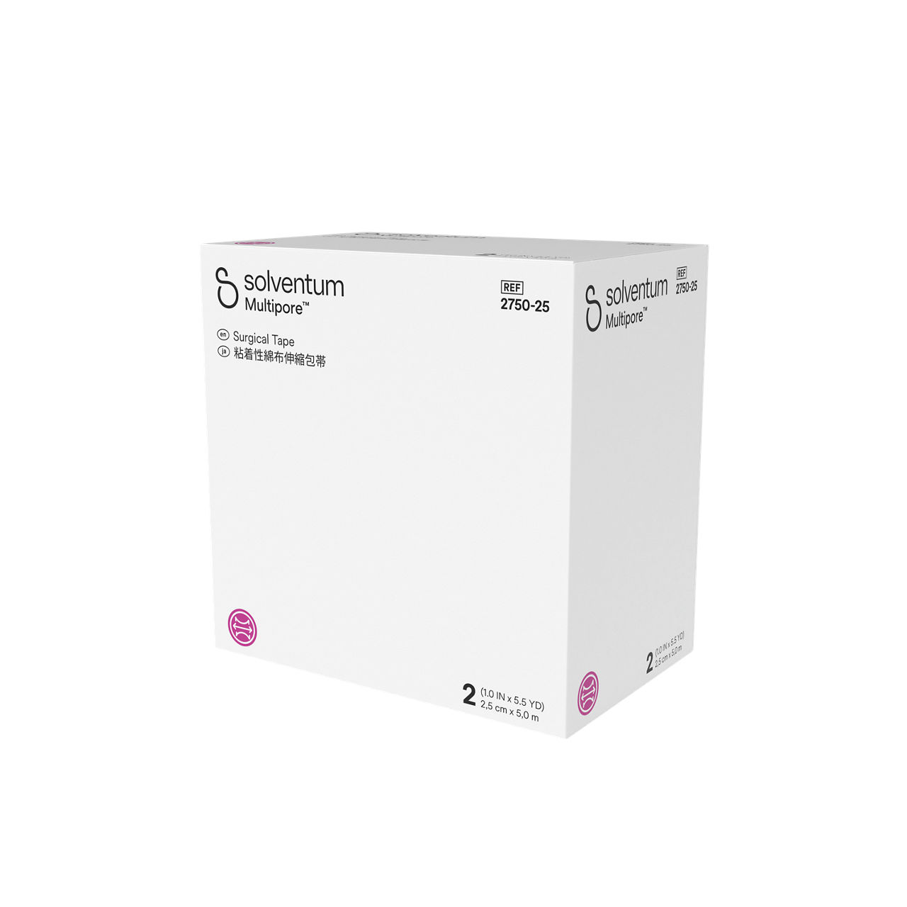 Solventum™ Multipore™ Surgical Tape, 2750-25, 1 in x 5.5 yd  (25 mm x 5m), 2/CAR, 48 CAR/CS, 96/CS - Front, Right, In Packaging (1R1)