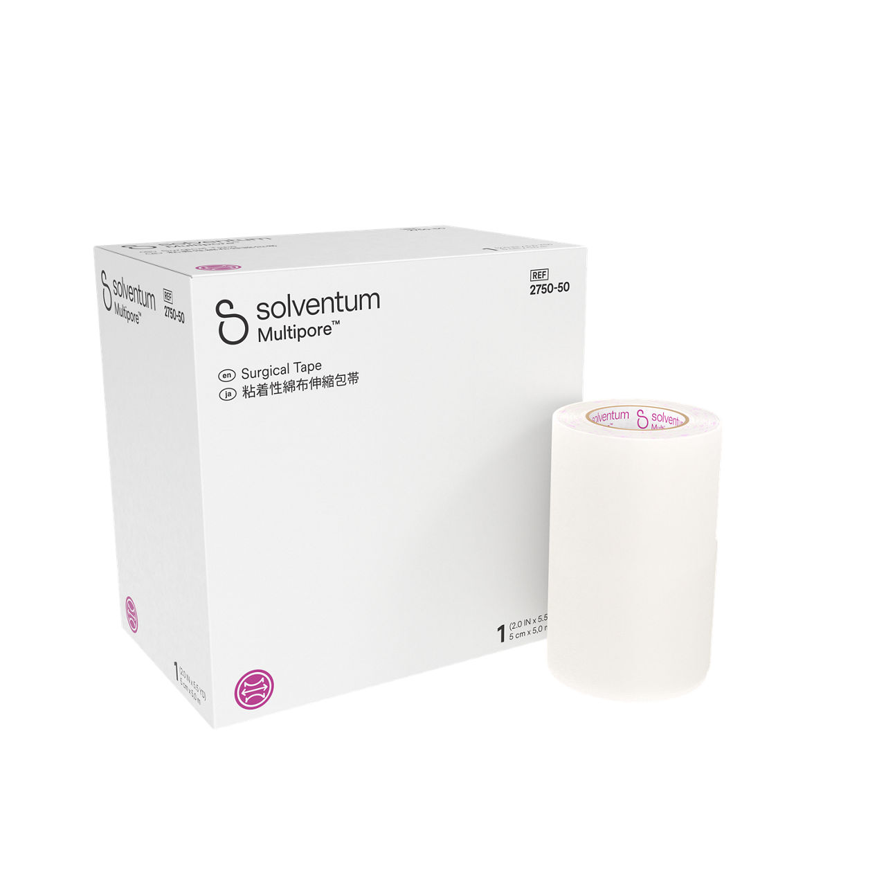 Solventum™ Multipore™ Surgical Tape, 2750-50, 2 in x 5.5 yd (50 mm x 5m), 1/CAR, 48 CAR/CS, 48/CS - Front, Center, In and Out of Packaging (1C10)