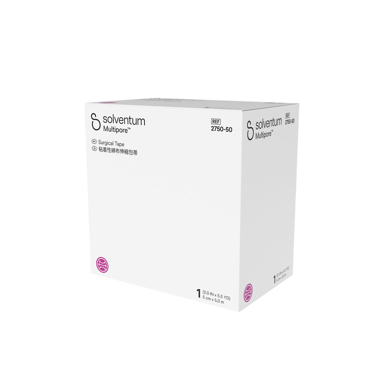 Solventum™ Multipore™ Surgical Tape, 2750-50, 2 in x 5.5 yd (50 mm x 5m), 1/CAR, 48 CAR/CS, 48/CS - Front, Right, In Packaging (1R1)