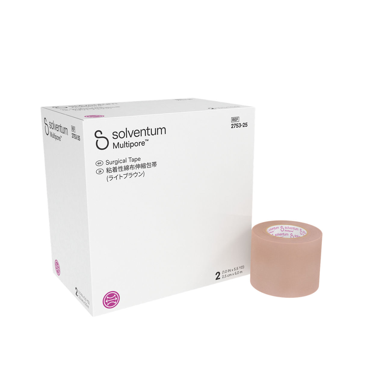Solventum™ Multipore™ 粘着性綿布伸縮包帯 (ライトブラウン), 2753-25, 2,5 cm x 5 m (1 IN x 5.5 YD), 2/CAR
