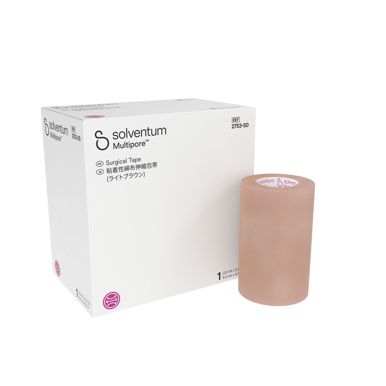 Solventum™ Multipore™ Surgical Tape, 2753-50, 2 in x 5.5 yd (50 mm x 5m), 1/CAR, 48 CAR/CS, 48/CS - Front, Center, In and Out of Packaging (1C10)