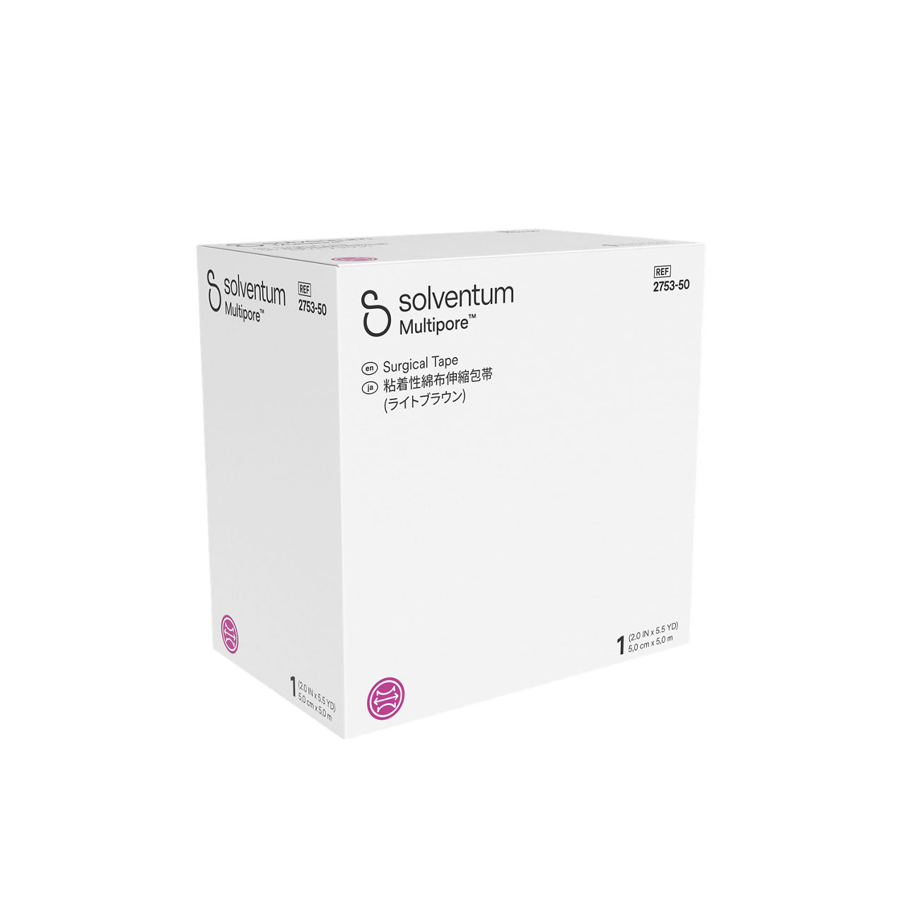 Solventum™ Multipore™ Surgical Tape, 2753-50, 2 in x 5.5 yd (50 mm x 5m), 1/CAR, 48 CAR/CS, 48/CS - Front, Left, In Packaging (1L1)
