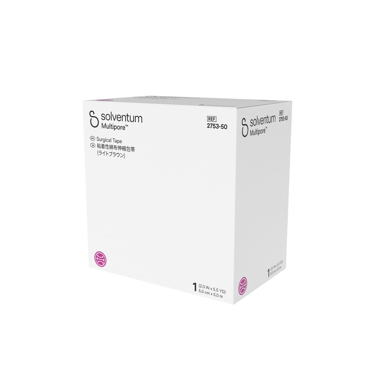 Solventum™ Multipore™ Surgical Tape, 2753-50, 2 in x 5.5 yd (50 mm x 5m), 1/CAR, 48 CAR/CS, 48/CS - Front, Right, In Packaging (1R1)
