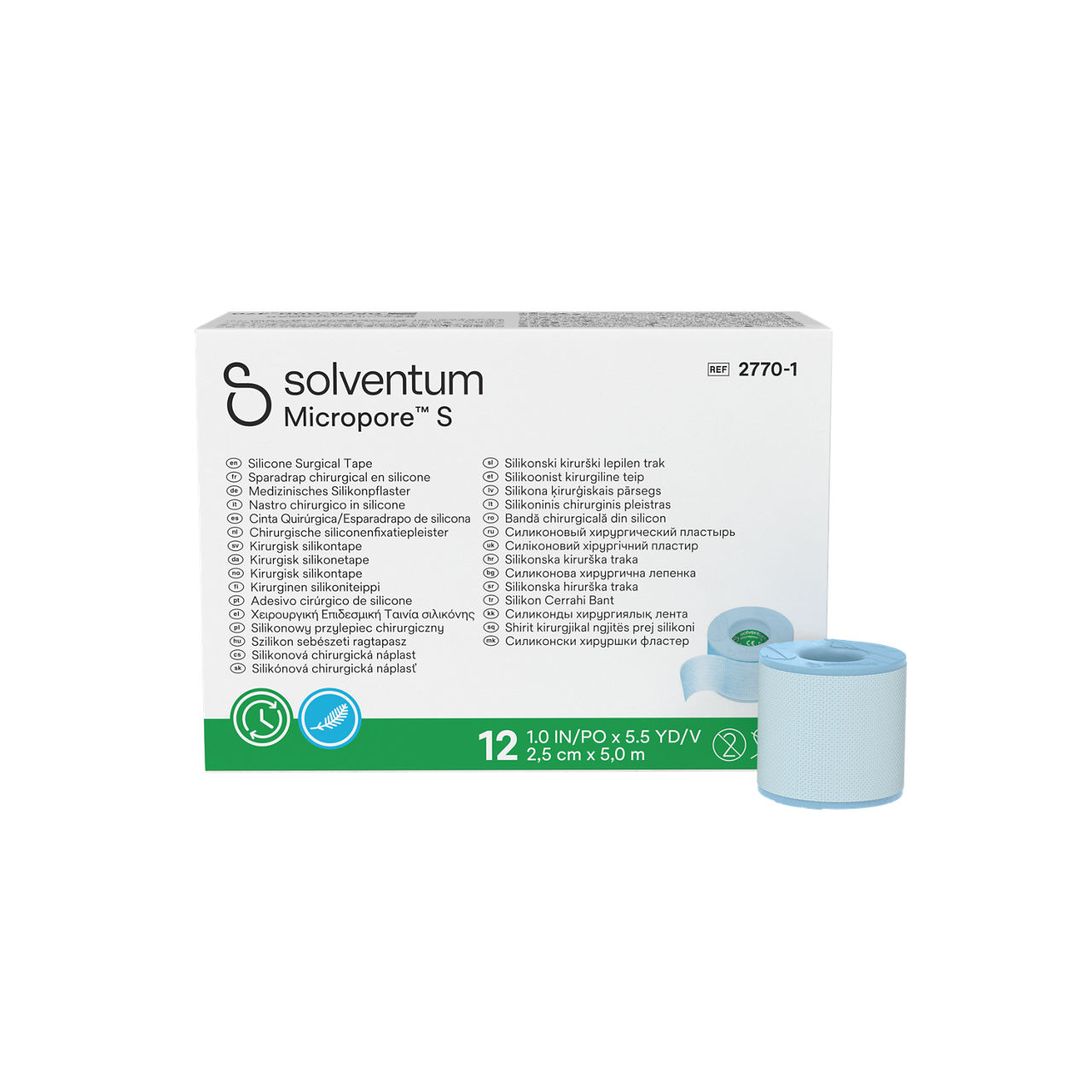 Solventum™ Micropore™ S Silicone Surgical Tape, 2770-1, 1 in x 5.5 yd (2.5 cm x 5 m), 12/CAR, 10 CAR/CS, 120/CS - Front, Center, In and Out of Packaging (1C10)