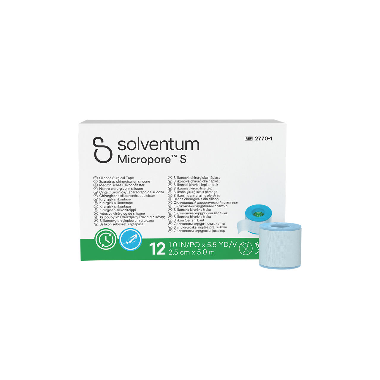 Solventum™ Micropore™ S Silicone Surgical Tape, 2770-1, 2,5 cm x 5 m (1 IN/PO x 5.5 YD/V), 12/CAR - Front, Center, In and Out of Packaging (1C10)
