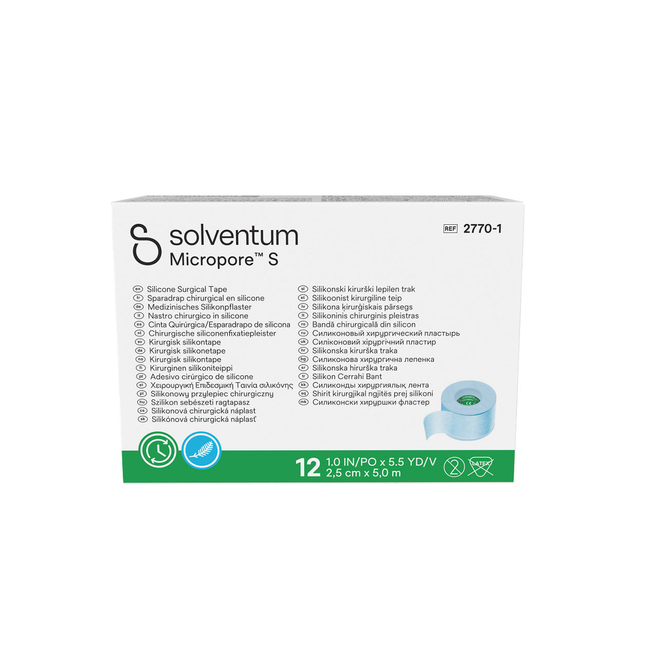 Solventum™ Micropore™ S Silicone Surgical Tape, 2770-1, 1 in x 5.5 yd (2.5 cm x 5 m), 12/CAR, 10 CAR/CS, 120/CS - Front, Center, In Packaging (1C1)