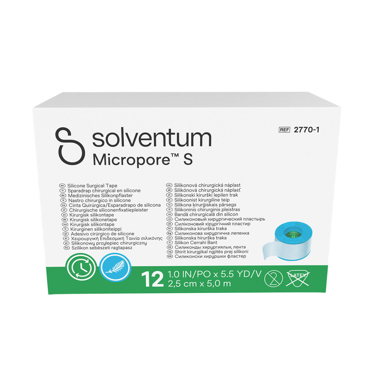 Solventum™ Micropore™ S Silicone Surgical Tape, 2770-1, 2,5 cm x 5 m (1 IN/PO x 5.5 YD/V), 12/CAR