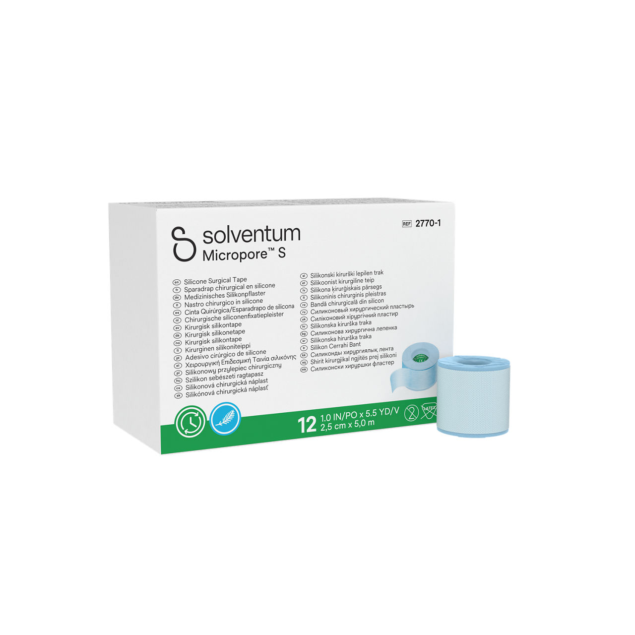 Solventum™ Micropore™ S Silicone Surgical Tape, 2770-1, 1 in x 5.5 yd (2.5 cm x 5 m), 12/CAR, 10 CAR/CS, 120/CS - Front, Left, In and Out of Packaging (1L10)