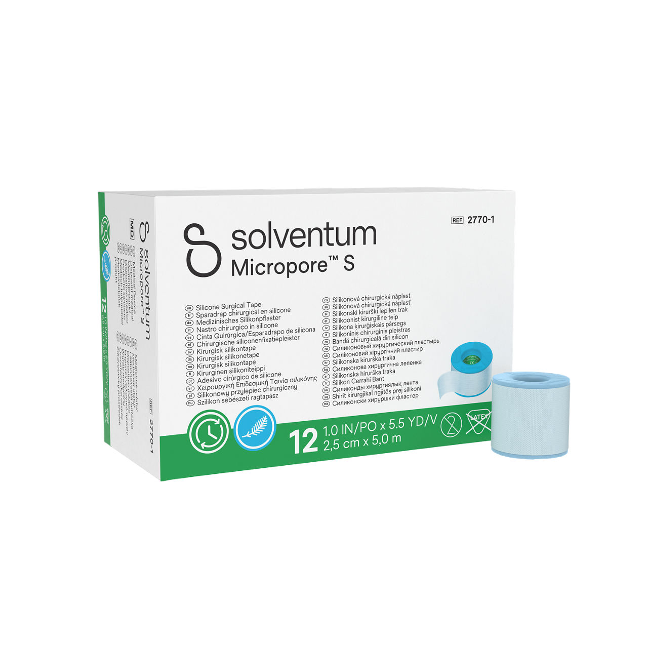 Solventum™ Micropore™ S Silicone Surgical Tape, 2770-1, 2,5 cm x 5 m (1 IN/PO x 5.5 YD/V), 12/CAR - Front, Left, In and Out of Packaging (1L10)