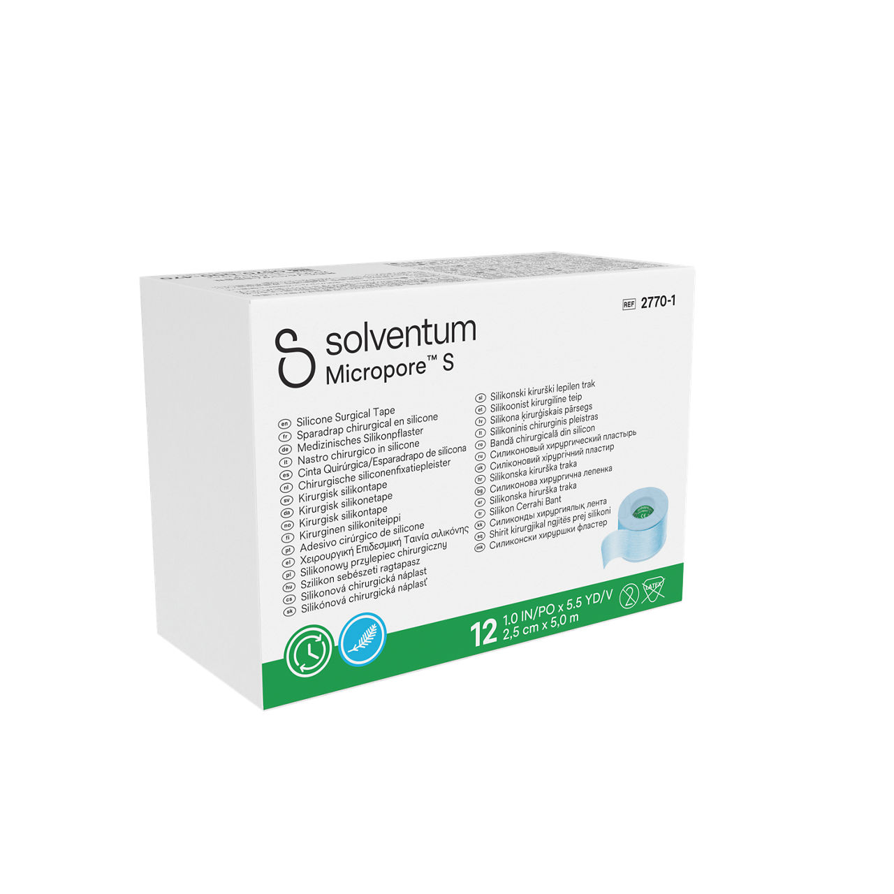 Solventum™ Micropore™ S Silicone Surgical Tape, 2770-1, 1 in x 5.5 yd (2.5 cm x 5 m), 12/CAR, 10 CAR/CS, 120/CS - Front, Left, In Packaging (1L1)