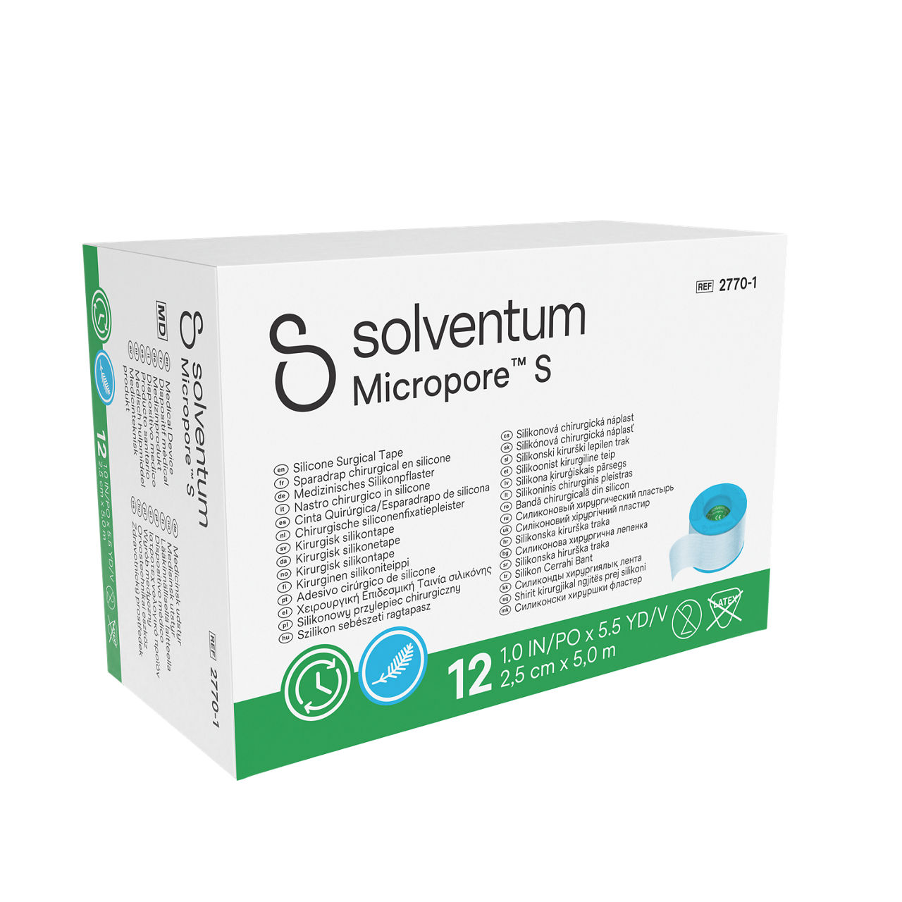Solventum™ Micropore™ S Silicone Surgical Tape, 2770-1, 2,5 cm x 5 m (1 IN/PO x 5.5 YD/V), 12/CAR - Front, Left, In Packaging (1L1)
