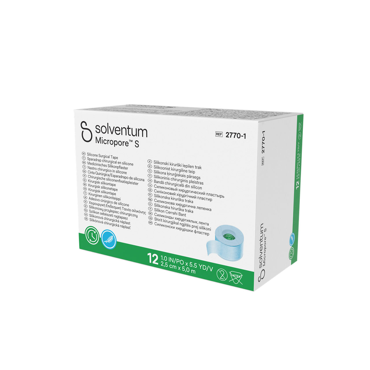 Solventum™ Micropore™ S Silicone Surgical Tape, 2770-1, 1 in x 5.5 yd (2.5 cm x 5 m), 12/CAR, 10 CAR/CS, 120/CS - Front, Right, In Packaging (1R1)