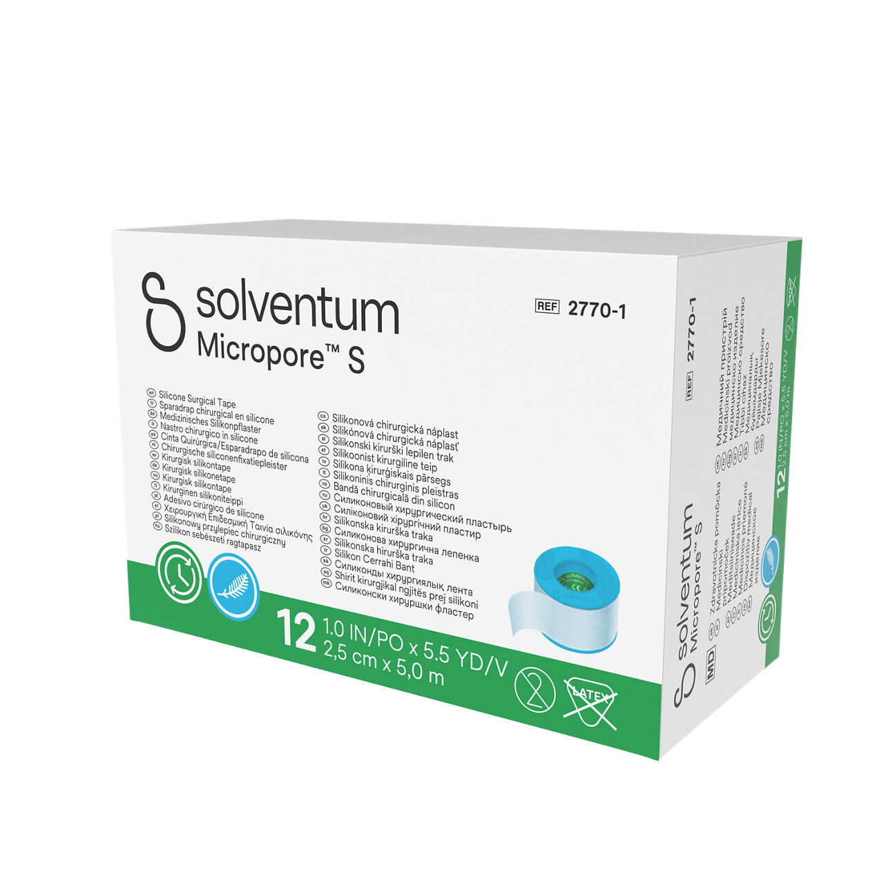 Solventum™ Micropore™ S Silicone Surgical Tape, 2770-1, 2,5 cm x 5 m (1 IN/PO x 5.5 YD/V), 12/CAR - Front, Right, In Packaging (1R1)