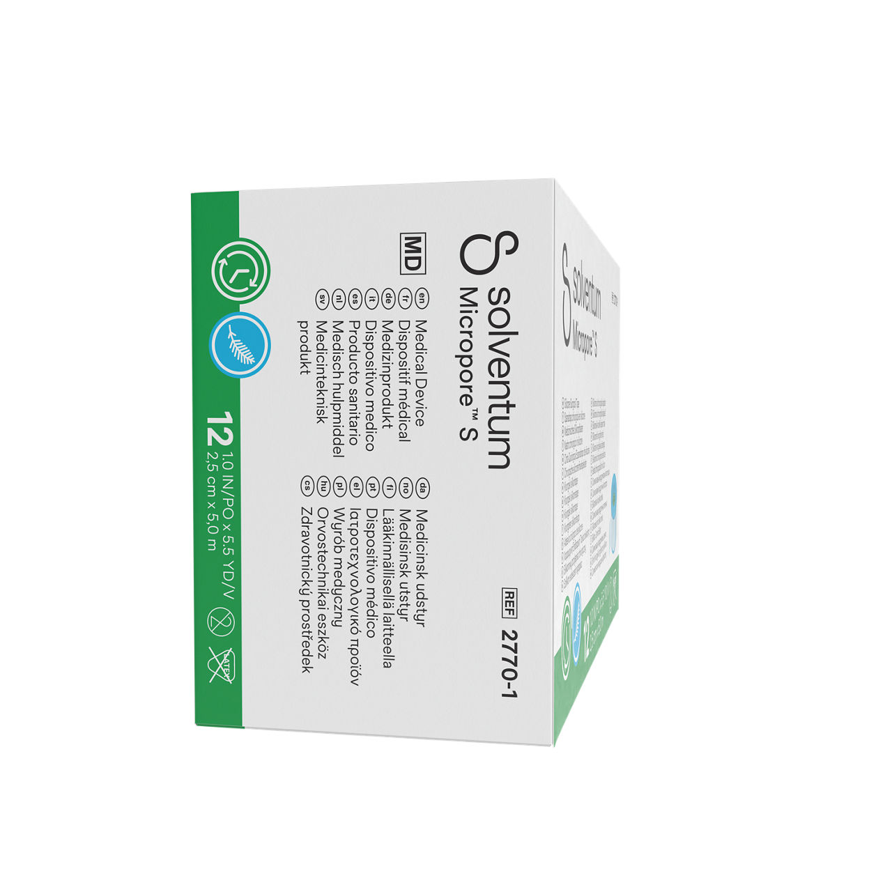 Solventum™ Micropore™ S Silicone Surgical Tape, 2770-1, 2,5 cm x 5 m (1 IN/PO x 5.5 YD/V), 12/CAR - Right, Center, In Packaging (8C1)