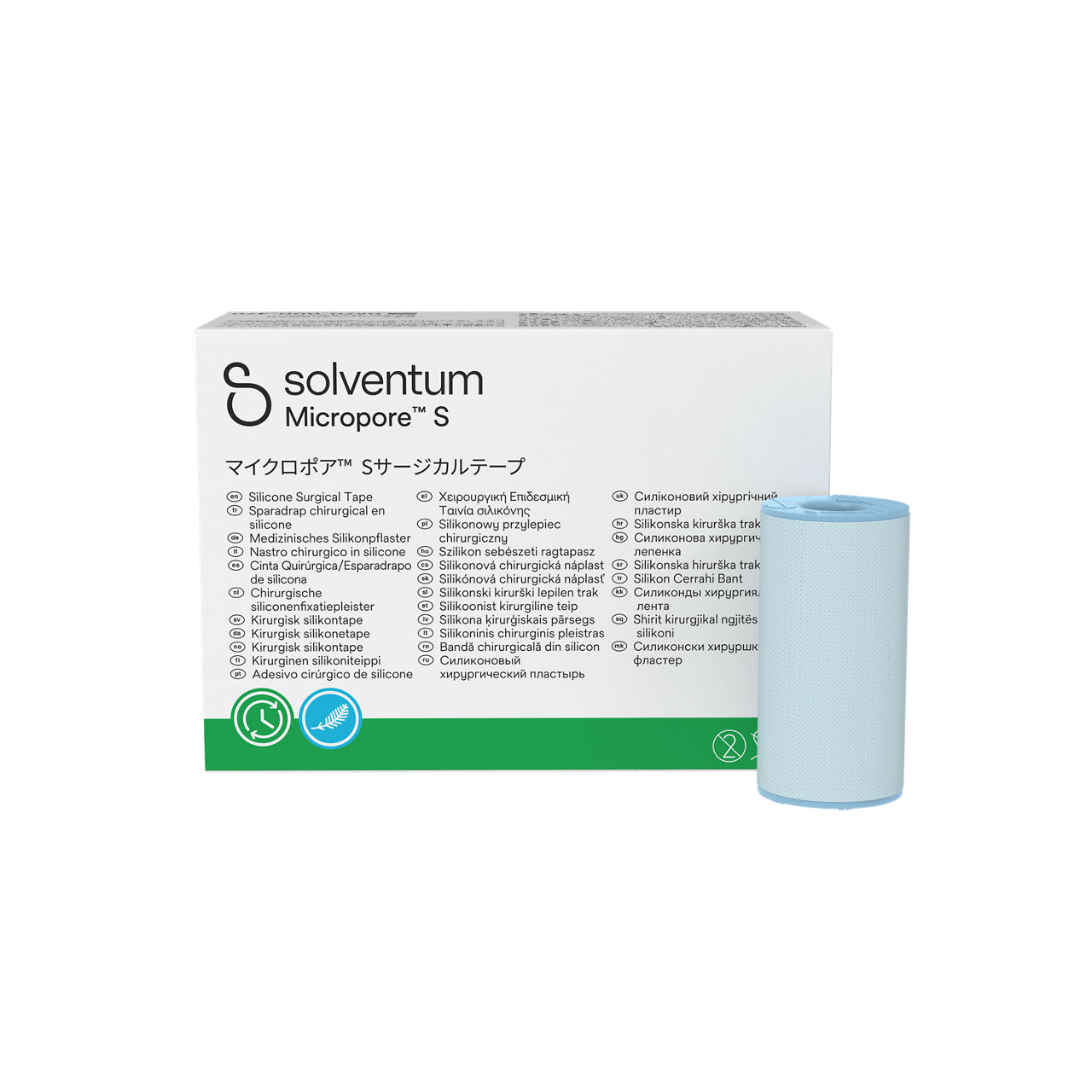 Solventum™ Micropore™ S Silicone Surgical Tape, 2770-2, 2 in x 5.5 yd (5 cm x 5 m), 6/CAR, 10 CAR/CS, 60/CS - Front, Center, In and Out of Packaging (1C10)