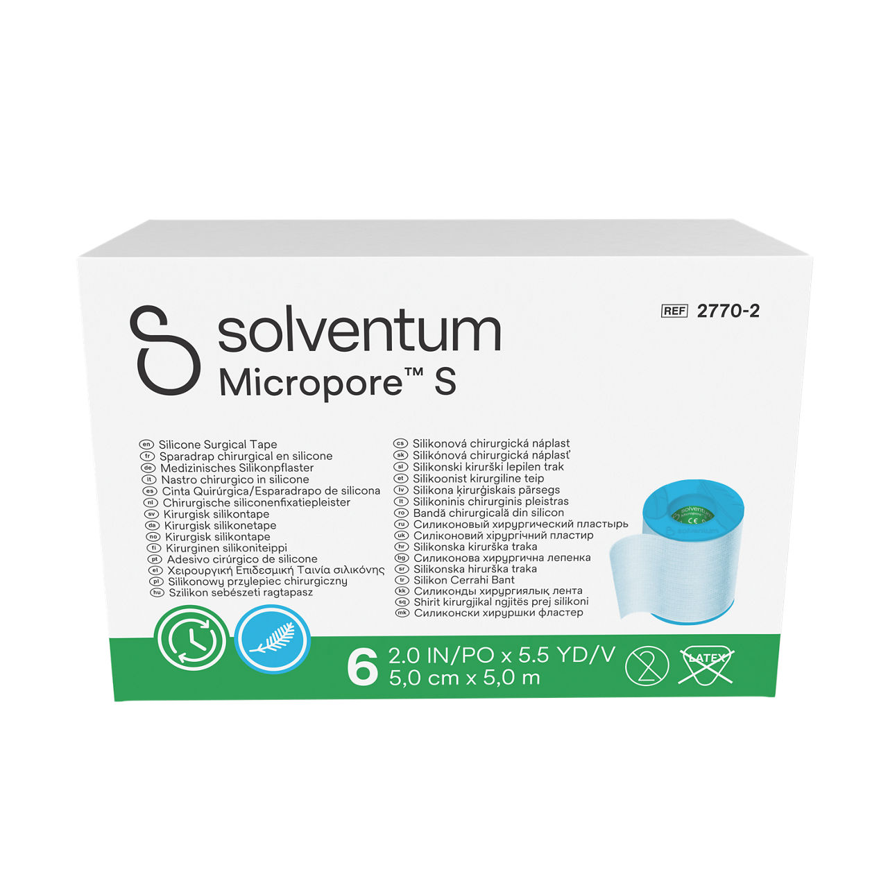 Solventum™ Micropore™ S Silicone Surgical Tape, 2770-2, 5 cm x 5 m (2 IN/PO x 5.5 YD/V), 6/CAR - Front, Center, In Packaging (1C1)