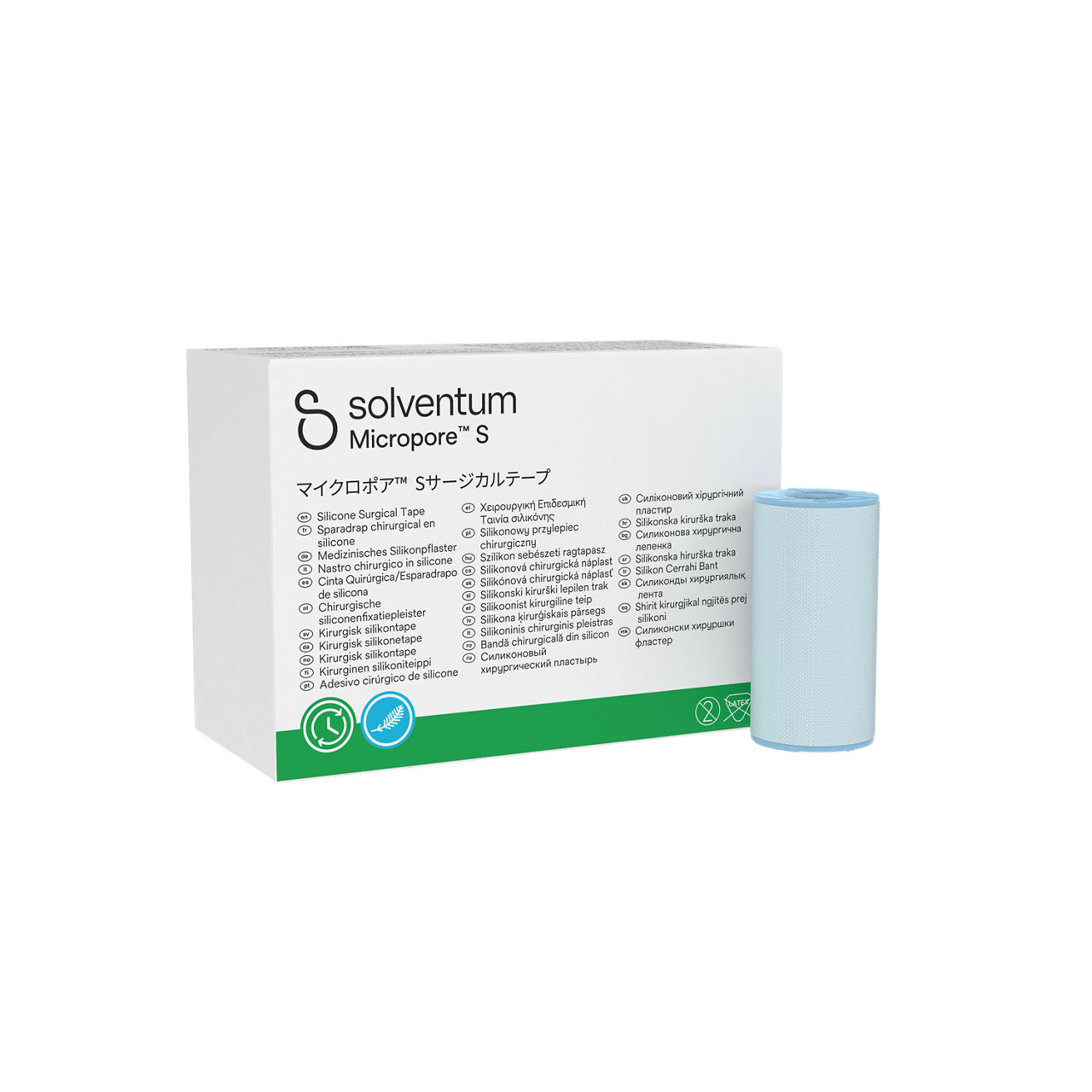 Solventum™ Micropore™ S Silicone Surgical Tape, 2770-2, 2 in x 5.5 yd (5 cm x 5 m), 6/CAR, 10 CAR/CS, 60/CS - Front, Left, In and Out of Packaging (1L10)