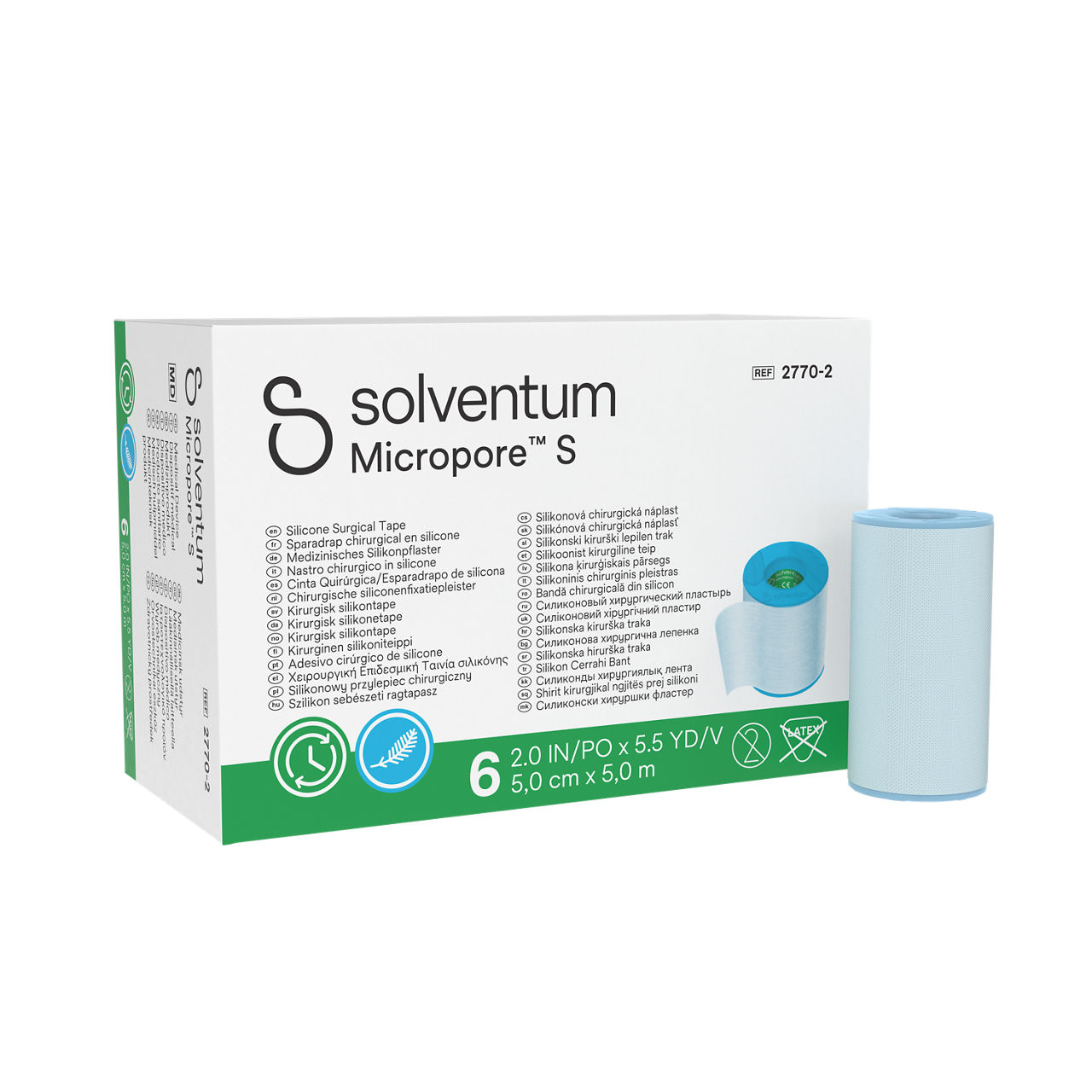 Solventum™ Micropore™ S Silicone Surgical Tape, 2770-2, 5 cm x 5 m (2 IN/PO x 5.5 YD/V), 6/CAR - Front, Left, In and Out of Packaging (1L10)