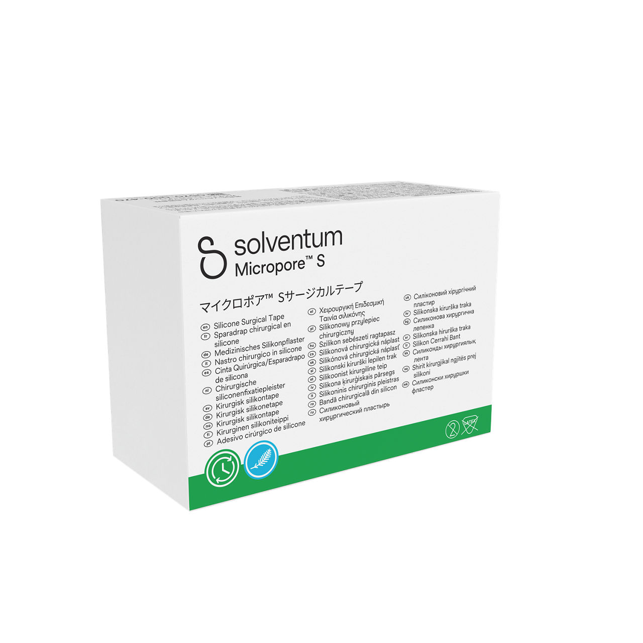 Solventum™ Micropore™ S Silicone Surgical Tape, 2770-2, 2 in x 5.5 yd (5 cm x 5 m), 6/CAR, 10 CAR/CS, 60/CS - Front, Left, In Packaging (1L1)