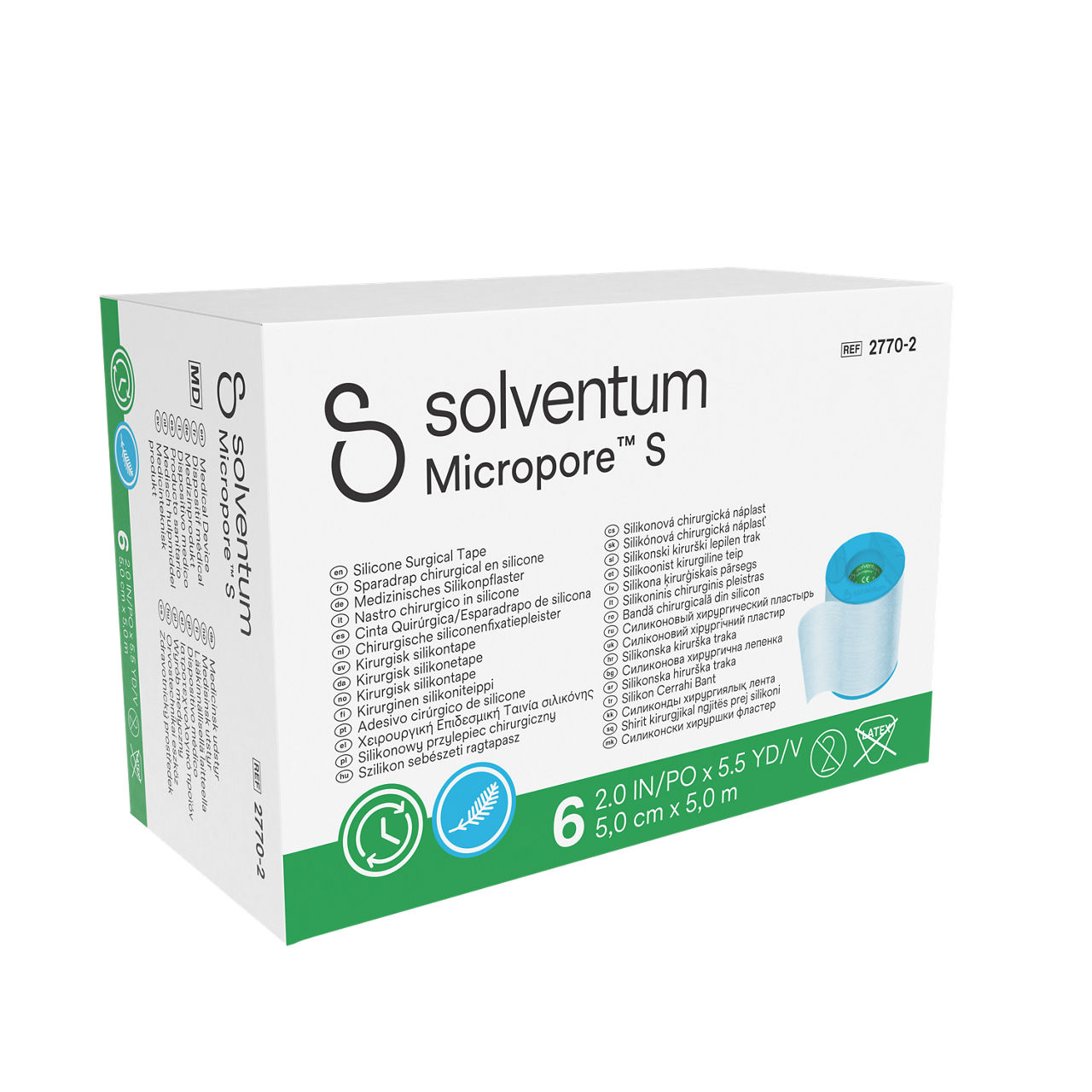 Solventum™ Micropore™ S Silicone Surgical Tape, 2770-2, 5 cm x 5 m (2 IN/PO x 5.5 YD/V), 6/CAR - Front, Left, In Packaging (1L1)