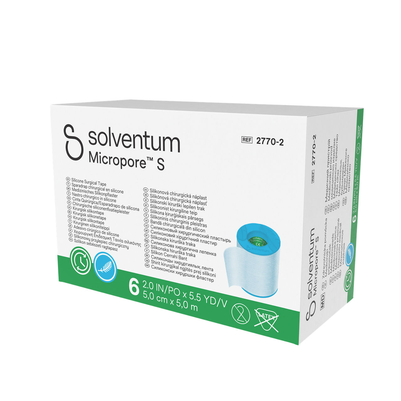 Solventum™ Micropore™ S Silicone Surgical Tape, 2770-2, 5 cm x 5 m (2 IN/PO x 5.5 YD/V), 6/CAR - Front, Right, In Packaging (1R1)
