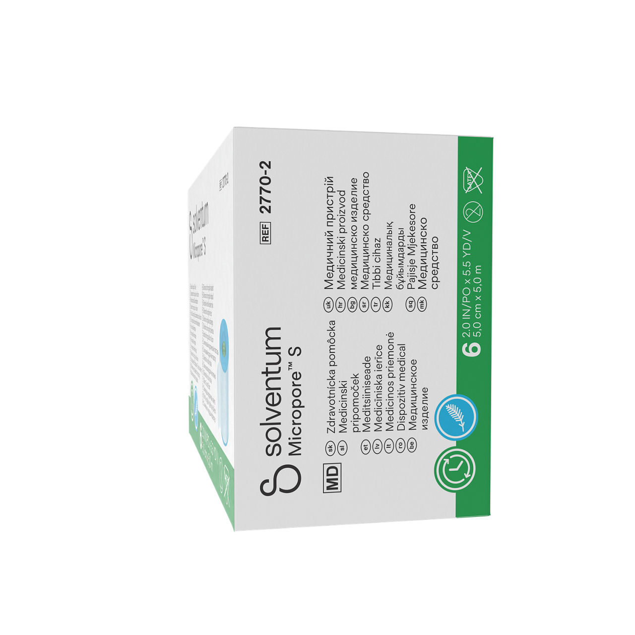Solventum™ Micropore™ S Silicone Surgical Tape, 2770-2, 5 cm x 5 m (2 IN/PO x 5.5 YD/V), 6/CAR - Left, Center, In Packaging (2C1)