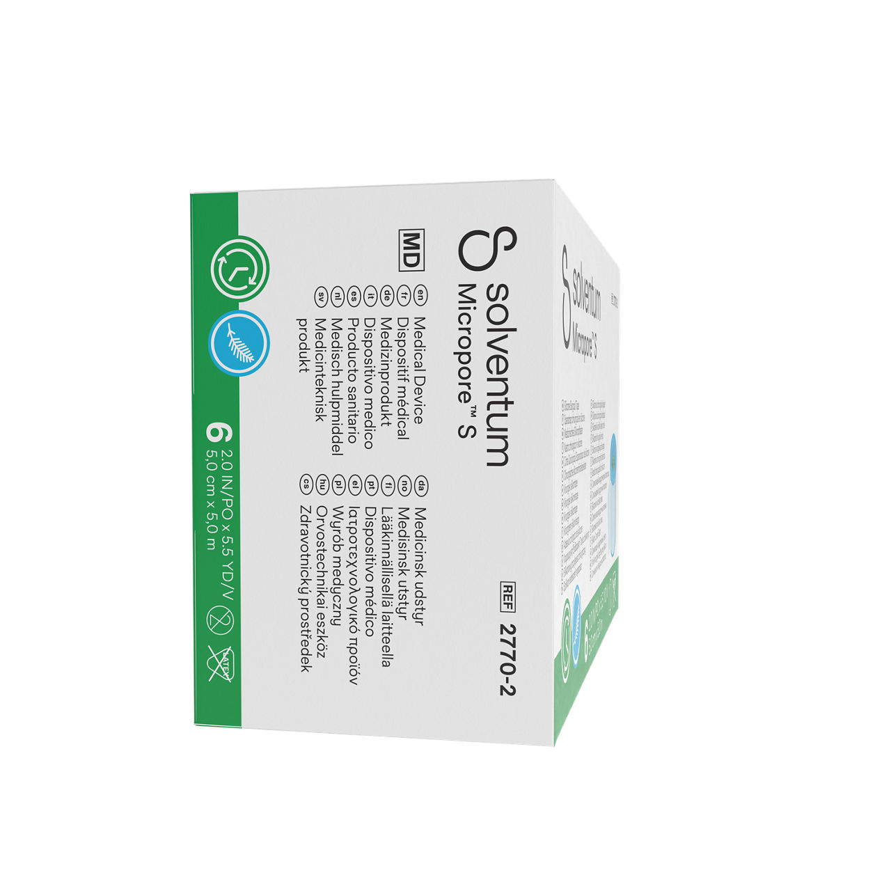 Solventum™ Micropore™ S Silicone Surgical Tape, 2770-2, 5 cm x 5 m (2 IN/PO x 5.5 YD/V), 6/CAR - Right, Center, In Packaging (8C1)